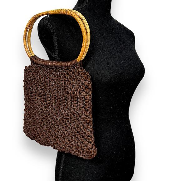 Chocolate Brown Crochet Bag with Bamboo Handles - Picture 7 of 8